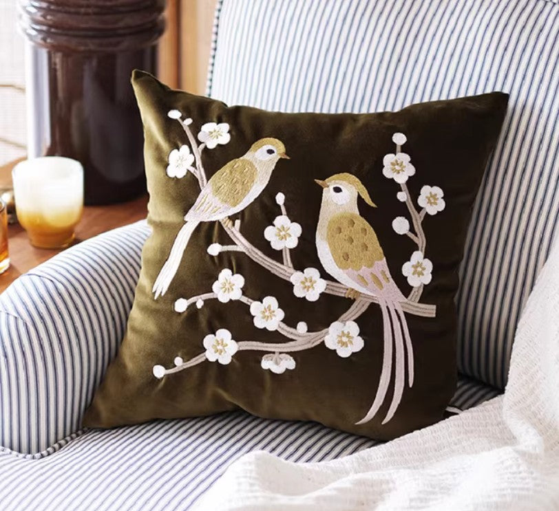 Embroidered Birds Cushion, Vintage Floral Pillow, Couch Accent, Bohemian Home Decor, Soft Velvet Throw, Nature Inspired, Handcrafted Embroidery, Rustic Living Room, Cozy Decorative, Cotton Blend Pillow