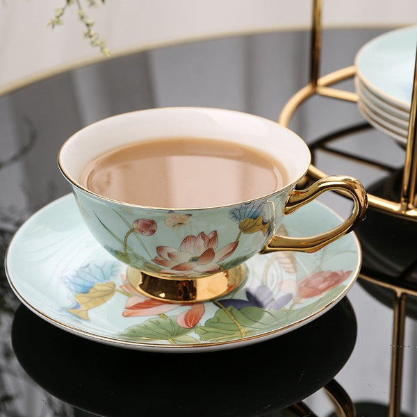 Lotus Flower Porcelain Tea Cup Saucer Set, Unique British Tea Cup and Saucer in Gift Box, Elegant British Ceramic Coffee Cups-Paintingforhome