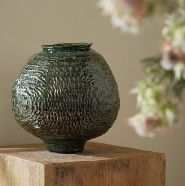 Centerpiece Ceramic Bouquet Vases, Green Porcelain Vases for Modern Home Decor, Large Contemporary Vases on Dining Table, Handmade Modern Flower Vase-Paintingforhome