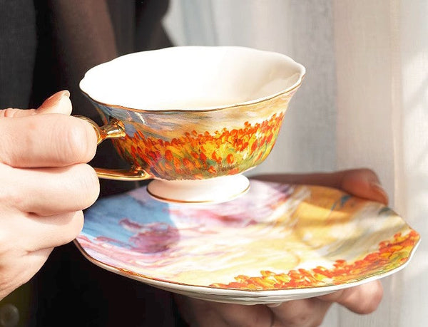 Elegant Ceramic Coffee Cups, Flower Field Vintage Porcelain Tea Cup Saucer Set, Unique British Tea Cup and Saucer in Gift Box, Royal Ceramic Cups-Paintingforhome