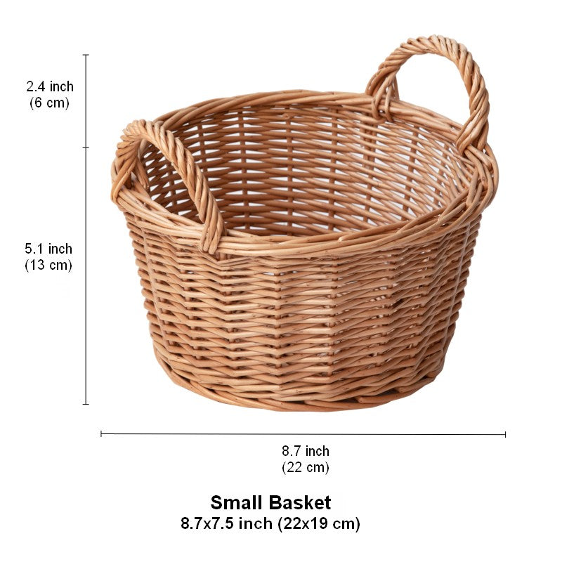Large Picnic Fruit Basket with Handle, Natural Hand-woven Wicker Round Storage Basket, Lovely Willow Weaving Baskets for Vegetable, Natural Fruit Storage Basket, Kitchen Storage Baskets-Paintingforhome