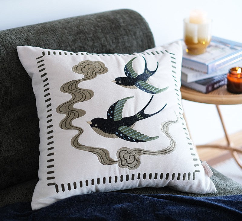 Embroidered Swallow Bird Cushion, Vintage Floral Decorative Pillow, Couch Throw Pillow, Spring Bird Design, Boho Chic Cushion, Hand Stitched Embroidery, Soft Velvet Cover, Pastel Tone Accent, Nature Lover Gift, Cozy Home Decor