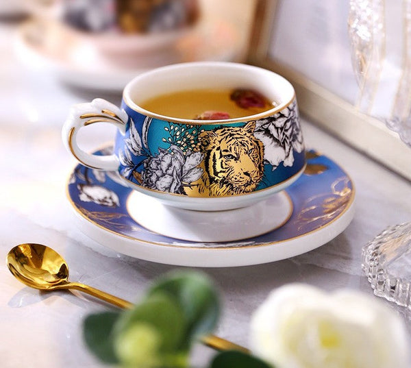 Unique Ceramic Cups with Gold Trim and Gift Box, Creative Ceramic Tea Cup and Saucer, Jungle Tiger Cheetah Porcelain Coffee Cups-Paintingforhome