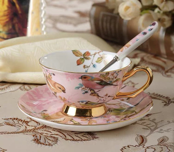 Elegant Ceramic Coffee Cups, 7.4 oz British Tea Cups, Bird Porcelain Tea Cup Saucer Set, Tea Cup and Saucer in Gift Box as Birthday Gift-Paintingforhome