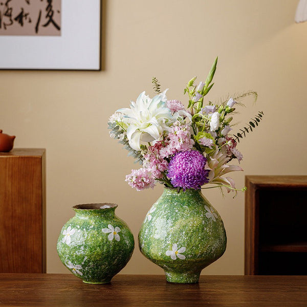 Modern Pottery Flower Vases, Centerpiece on Dining Table, Handmade Water Holding Flower Vases, Pottery Bud Vases, Large Green Flower Vases on Table-Paintingforhome