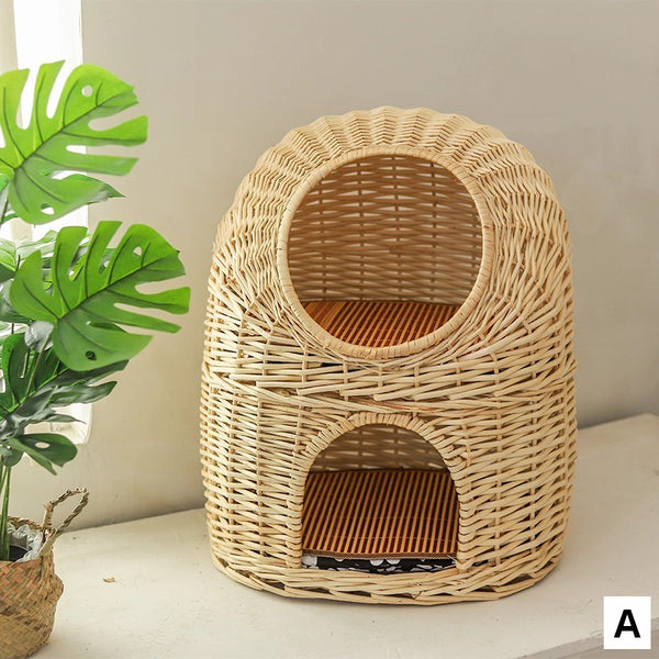Large Double-Layer Cat Bed, Wicker Cat House Basket with Washable Cushion for Indoor Cats and Dogs-Paintingforhome