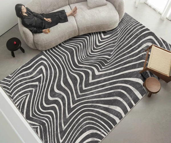 Mid Century Area Rugs for Living Room, Black Stripe Area Rugs under Sofa, Abstract Contemporary Rugs for Bedroom, Modern Carpets for Office, Dining Room Floor Rugs-Paintingforhome