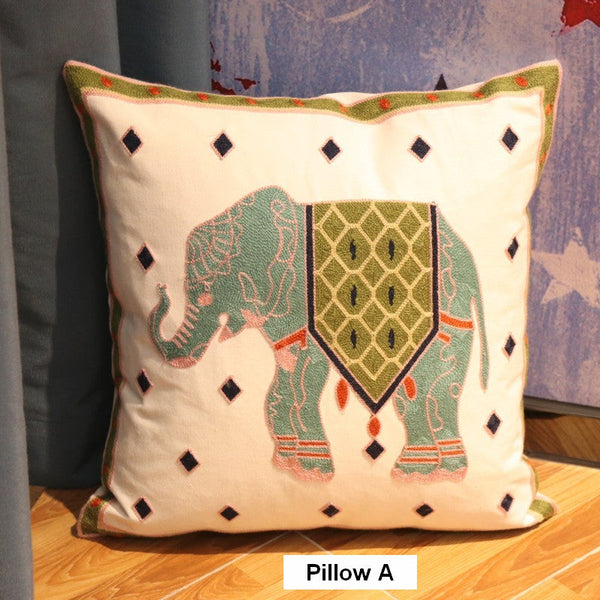 Cotton Decorative Pillows, Elephant Embroider Cotton Pillow Covers, Farmhouse Decorative Sofa Pillows, Decorative Throw Pillows for Couch-Paintingforhome