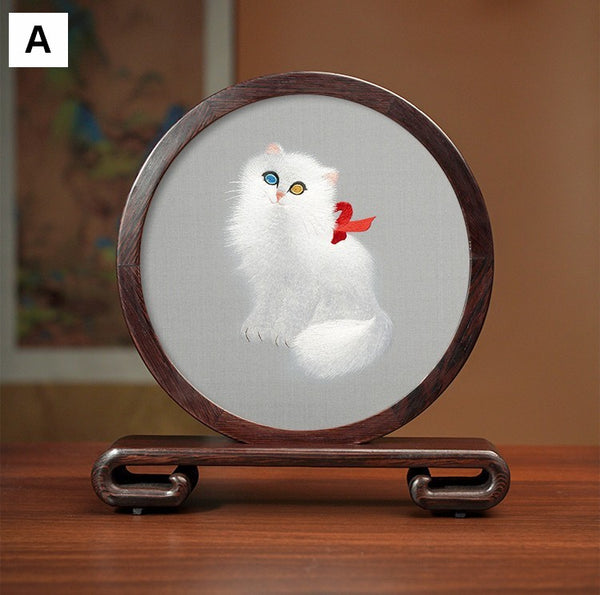 Exclusive Business Present, Lovely Kitty Cat Embroidered Decor, Premium Souvenir, Unique Birthday Gift, Traditional Chinese Suzhou Kitten Embroidery Ornament-Paintingforhome
