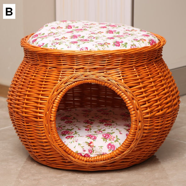 Wicker Cat House Basket with Washable Cushion for Indoor Cats and Dogs, Rattan Cat Bed-Paintingforhome