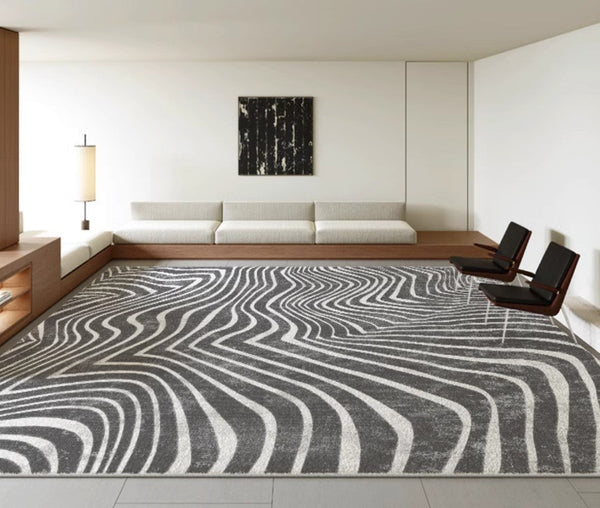 Mid Century Area Rugs for Living Room, Black Stripe Area Rugs under Sofa, Abstract Contemporary Rugs for Bedroom, Modern Carpets for Office, Dining Room Floor Rugs-Paintingforhome