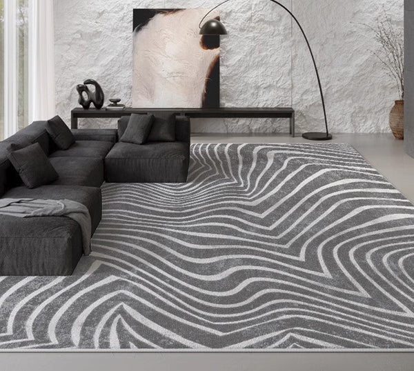 Mid Century Area Rugs for Living Room, Black Stripe Area Rugs under Sofa, Abstract Contemporary Rugs for Bedroom, Modern Carpets for Office, Dining Room Floor Rugs-Paintingforhome