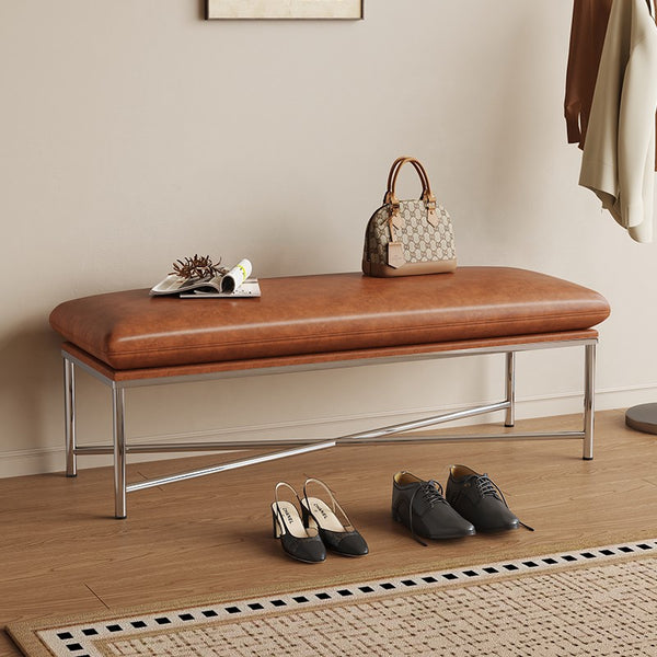 Contemporay Bedroom Bench, Upholstered Shoe Bench, Luxury Genuine Leather Entry Bench, Narrow Entryway Bench, Modern Shoe Changing Ottoman, Mid-Century Hall Bench-Paintingforhome