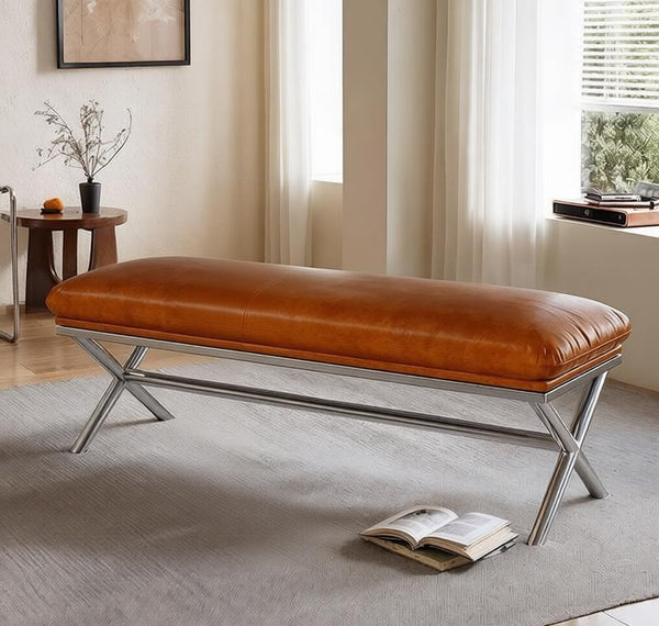 Upholstered Shoe Bench, Contemporay Bedroom Bench, Luxury Genuine Leather Entry Bench, Narrow Entryway Bench, Modern Shoe Changing Ottoman, Mid-Century Hall Bench-Paintingforhome
