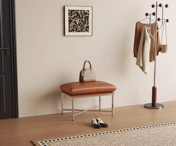 Contemporay Bedroom Bench, Upholstered Shoe Bench, Luxury Genuine Leather Entry Bench, Narrow Entryway Bench, Modern Shoe Changing Ottoman, Mid-Century Hall Bench-Paintingforhome