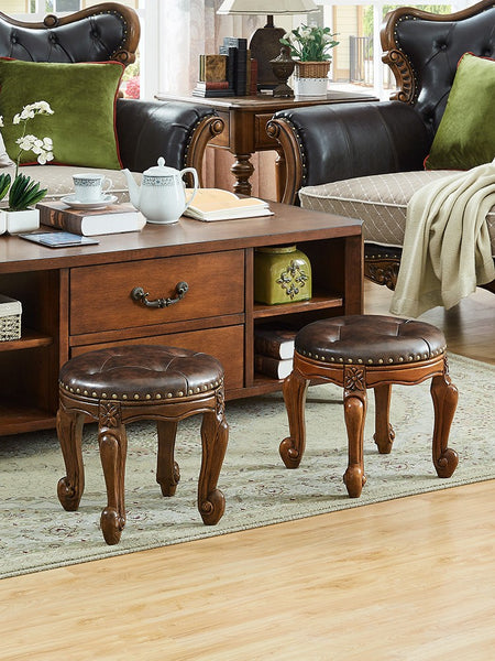 Genuine Leather Solid Wood Entry Bench, Vintage Round Stool, Solid Wood Ottoman, Rubberwood Entry Bench, Vanity Stool-Paintingforhome