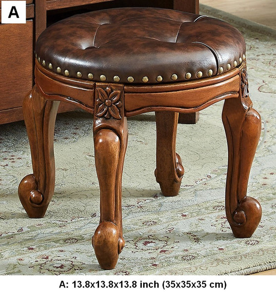 Genuine Leather Solid Wood Entry Bench, Vintage Round Stool, Solid Wood Ottoman, Rubberwood Entry Bench, Vanity Stool-Paintingforhome