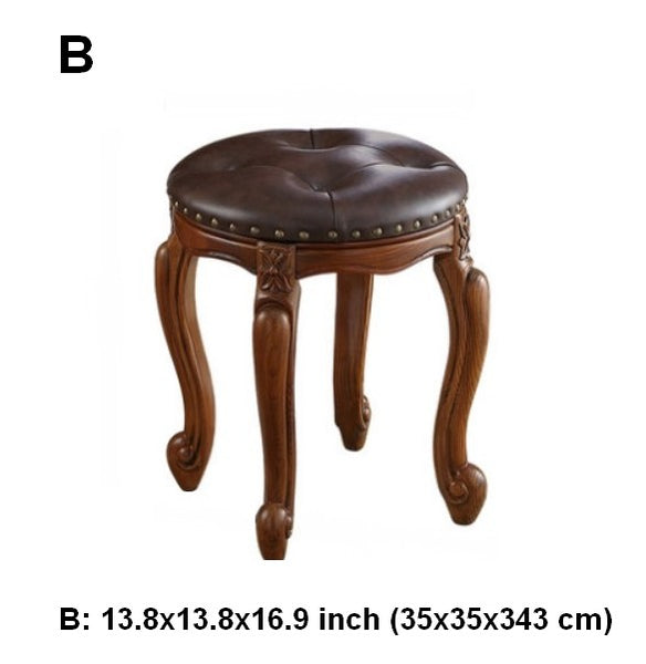 Genuine Leather Solid Wood Entry Bench, Vintage Round Stool, Solid Wood Ottoman, Rubberwood Entry Bench, Vanity Stool-Paintingforhome