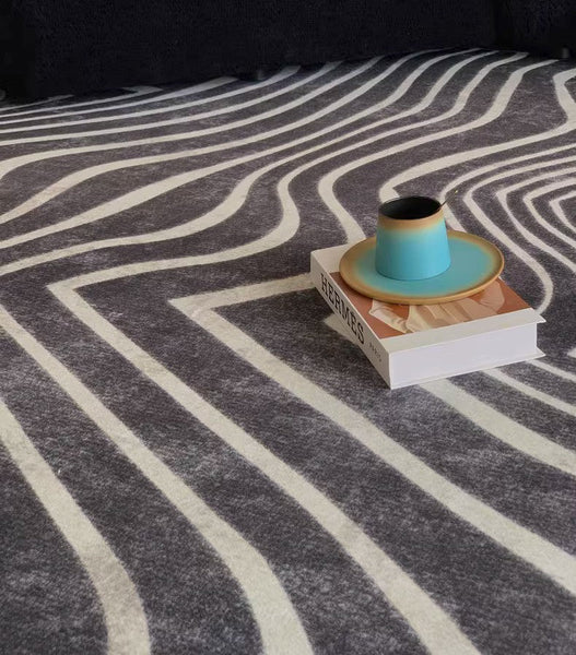Mid Century Area Rugs for Living Room, Black Stripe Area Rugs under Sofa, Abstract Contemporary Rugs for Bedroom, Modern Carpets for Office, Dining Room Floor Rugs-Paintingforhome