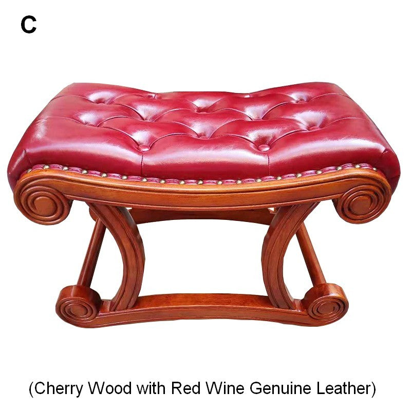 Genuine Leather Solid Wood Entry Bench, Cherry Wood Footstool, Handcrafted Leather Upholstered Stool, Sturdy Cherry Wood Frame, Compact Entryway Shoe Bench, Vintage Style Foot Rest, Living Room Leather Ottoman, Durable Solid Wood Seat, Home Decor Accent Footstool, Rustic Wooden Entry Bench, Functional Hall Tree Accessory
