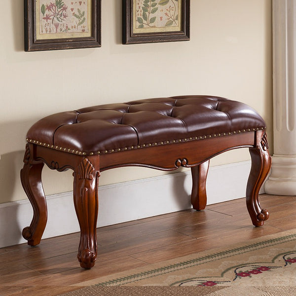 Rubber Wood Footstool, Vintage Brown Leather Stool, Genuine Leather Solid Wood Entry Bench, Farmhouse Entryway Bench, Leather Lounge Chair Modern, Dressing Table Stool-Paintingforhome