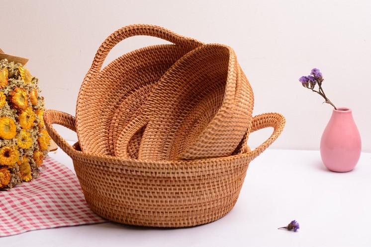 Woven Round Storage Basket, Storage Baskets for Kitchen, Rattan Storage Basket with Handle, Storage Basket for Dining Room, Set of 3-Paintingforhome
