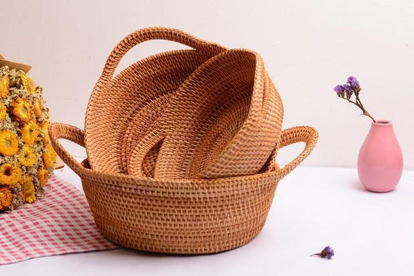 Woven Round Storage Basket, Storage Baskets for Kitchen, Rattan Storage Basket with Handle, Storage Basket for Dining Room, Set of 3-Paintingforhome