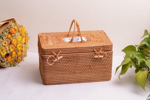 Rattan Wicker Serving Basket, Storage Baskets for Picnic, Kitchen Storage Baskets, Woven Storage Baskets with Lid-Paintingforhome