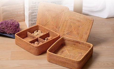 Storage Basket with Lid, Rattan Square Basket, Storage Basket with Lid, Kitchen Storage Baskets-Paintingforhome