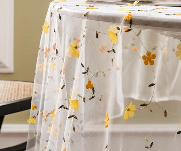 Yellow Flower Lace Tablecloths, Extra Large Rectangular Tablecloth for Oval Table, Lace Embroidered Table Covers, Rectangular Table Covers for Coffee Table-Paintingforhome