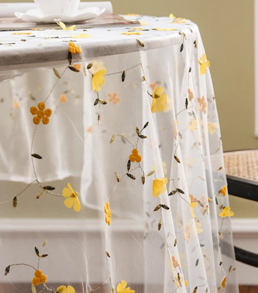 Yellow Flower Lace Tablecloths, Extra Large Rectangular Tablecloth for Oval Table, Lace Embroidered Table Covers, Rectangular Table Covers for Coffee Table-Paintingforhome