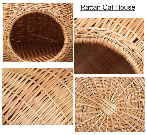 Wicker Cat House Basket with Washable Cushion for Indoor Cats and Dogs, Rattan Cat Bed-Paintingforhome