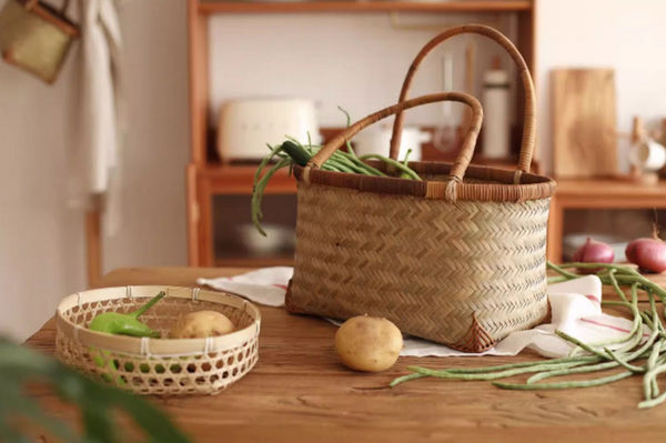 Storage Basket with Handle, Large Kitchen Storage Baskets, Natural Hand-woven Bamboo Storage Basket, Lovely Bamboo Weaving Baskets for Vegetable, Picnic Fruit Storage Baskets-Paintingforhome