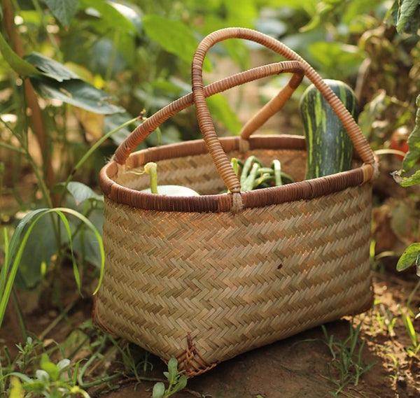 Storage Basket with Handle, Large Kitchen Storage Baskets, Natural Hand-woven Bamboo Storage Basket, Lovely Bamboo Weaving Baskets for Vegetable, Picnic Fruit Storage Baskets-Paintingforhome