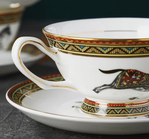 Porcelain Tea Cup and Saucer Set, 7.4 oz British Horse Pattern Coffee Cup with Saucer, Ceramic Tea Cup and Saucer in Gift Box-Paintingforhome