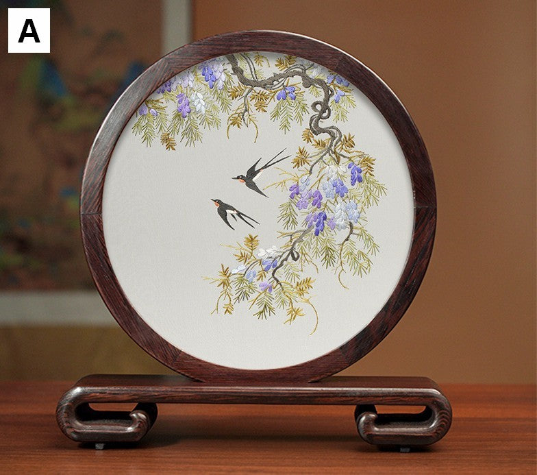 Silk Embroidered Ornament, Premium Souvenir, Exclusive Business Presents, Creative Birthday Gift, Traditional Chinese Suzhou Flower and Birds Embroidery Ornaments-Paintingforhome