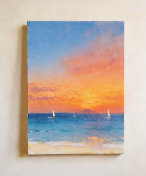 Tranquil Sails Under the Burning Clouds‌, Hand Painted Canvas Art, Original Seascape Paintings, Small Canvas Artwork, Original Oil Paintings, Buy Small Paintings Online-Paintingforhome