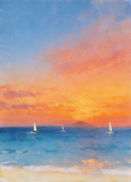 Tranquil Sails Under the Burning Clouds‌, Hand Painted Canvas Art, Original Seascape Paintings, Small Canvas Artwork, Original Oil Paintings, Buy Small Paintings Online-Paintingforhome
