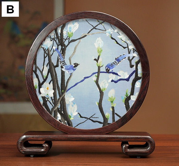 Silk Embroidered Ornament, Premium Souvenir, Exclusive Business Presents, Creative Birthday Gift, Traditional Chinese Suzhou Flower and Birds Embroidery Ornaments-Paintingforhome