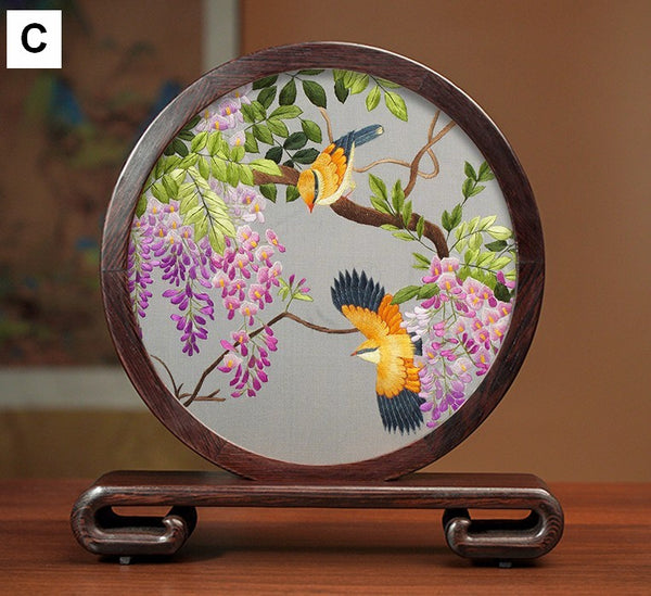 Silk Embroidered Ornament, Premium Souvenir, Exclusive Business Presents, Creative Birthday Gift, Traditional Chinese Suzhou Flower and Birds Embroidery Ornaments-Paintingforhome