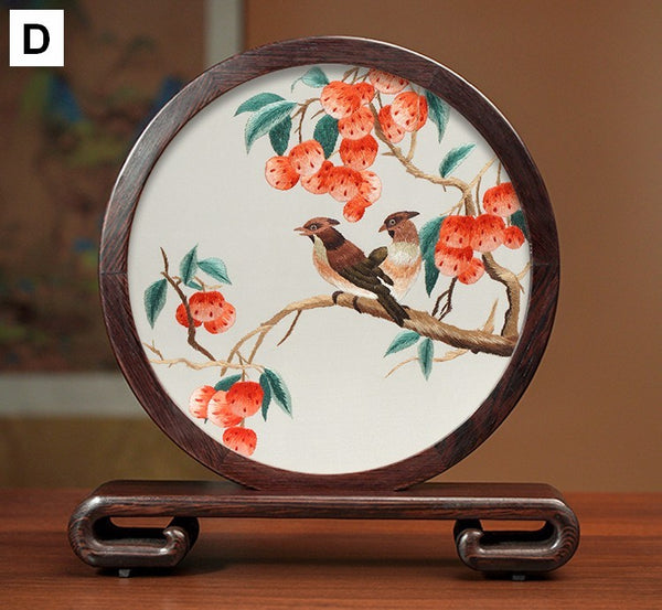 Silk Embroidered Ornament, Premium Souvenir, Exclusive Business Presents, Creative Birthday Gift, Traditional Chinese Suzhou Flower and Birds Embroidery Ornaments-Paintingforhome