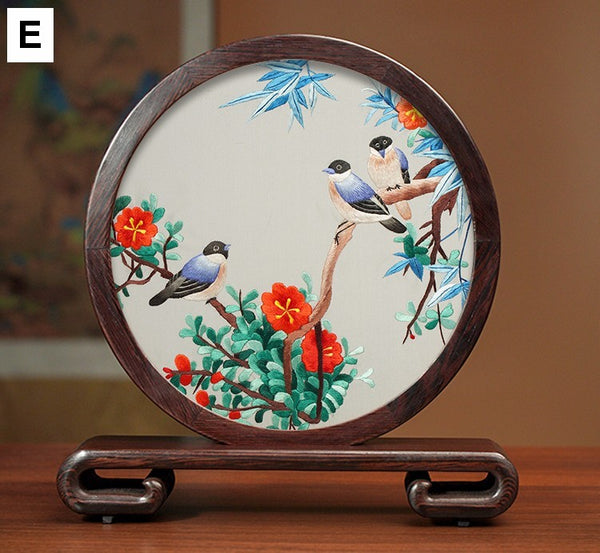 Silk Embroidered Ornament, Premium Souvenir, Exclusive Business Presents, Creative Birthday Gift, Traditional Chinese Suzhou Flower and Birds Embroidery Ornaments-Paintingforhome