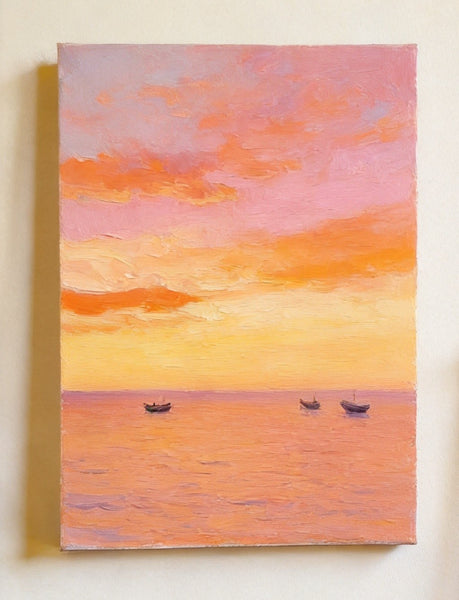 Original Oil Paintings, Hand Painted Canvas Artwork, Sunset Sail on the Horizon, Original Seascape Paintings, Buy Small Paintings Online-Paintingforhome