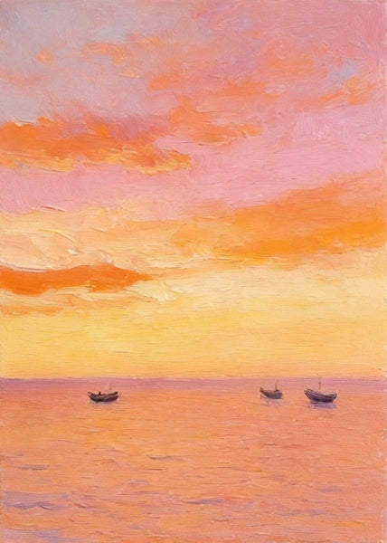 Original Oil Paintings, Hand Painted Canvas Artwork, Sunset Sail on the Horizon, Original Seascape Paintings, Buy Small Paintings Online-Paintingforhome