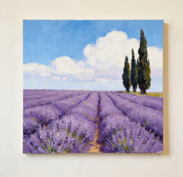 Small Canvas Artwork, Cypress by the Lavender Field, Hand Painted Canvas Art, Original Landscape Paintings, Original Oil Paintings, Buy Small Paintings Online-Paintingforhome