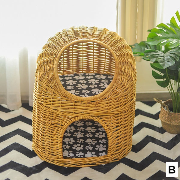 Large Double-Layer Cat Bed, Wicker Cat House Basket with Washable Cushion for Indoor Cats and Dogs-Paintingforhome