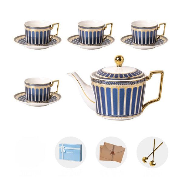 Porcelain Tea Cup and Saucer Set of 4 cups, British Tea Cup Set, 7.4 oz Blue Ceramic Tea Cup and Saucer Set with Teapot, Modern Blue Coffee Cup with Saucer-Paintingforhome