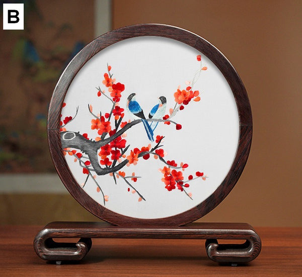 Flower and Bird Embroidery Ornaments, Unique Birthday Gift, Traditional Chinese Suzhou Silk Embroidered Ornament, Premium Souvenir, Exclusive Business Presents-Paintingforhome