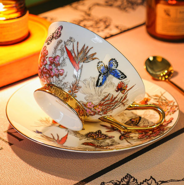 Ceramic Coffee Cups in Gift Box, Butterfly Pattern Porcelain Tea Cup and Saucer Set, British Traditional Afternoon Tea Cup and Saucer Set-Paintingforhome