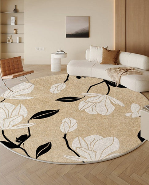 Modern Round Rugs under Coffee Table, Circular Rugs for Dining Table, Abstract Contemporary Rugs for Bedroom, Modern Cream Color Rugs for Living Room-Paintingforhome